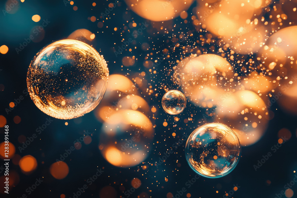 Aufkleber golden bubbles float amidst a sparkling, dark background, creating a magical, ethereal scene.
