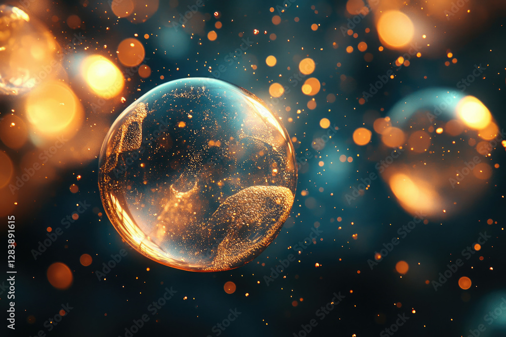 Aufkleber a luminous sphere filled with golden particles floats amidst a bokeh of warm and cool lights.
