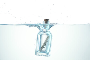Corked glass bottle with rolled letter in water on white background