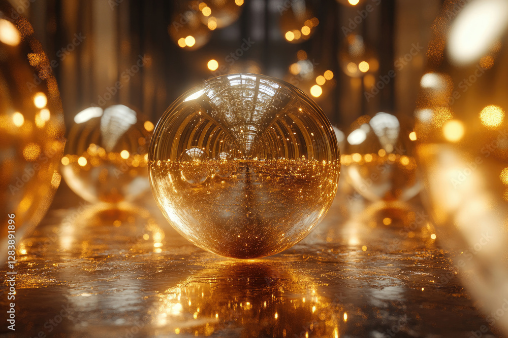 Poster A golden sphere reflects a tunnel of lights, creating a mesmerizing and luxurious visual.