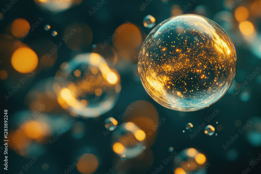 Poster a large transparent sphere filled with golden sparkles floats amidst a bokeh of teal and gold.