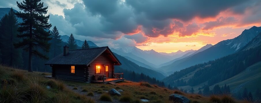 Asperatus clouds gather over a cozy cabin in the woods, cabin, woodland scenery