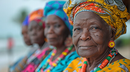Fototapeta premium Four elderly women in traditional African attire, smiling and looking at the camera, standing in a row by the beach.