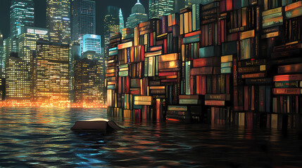 A wall of books submerged in a city skyline. Nightmarish Shapeshifting Figure. Illustration