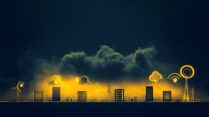 Futuristic city skyline with wind turbines and digital icons against a dramatic cloudy sky