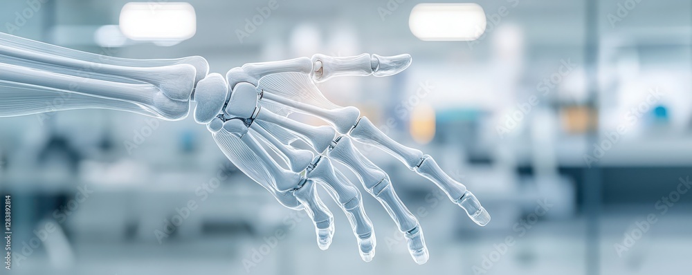 Poster a close-up view of a robotic hand, showcasing its intricate skeletal structure, set against a blurre