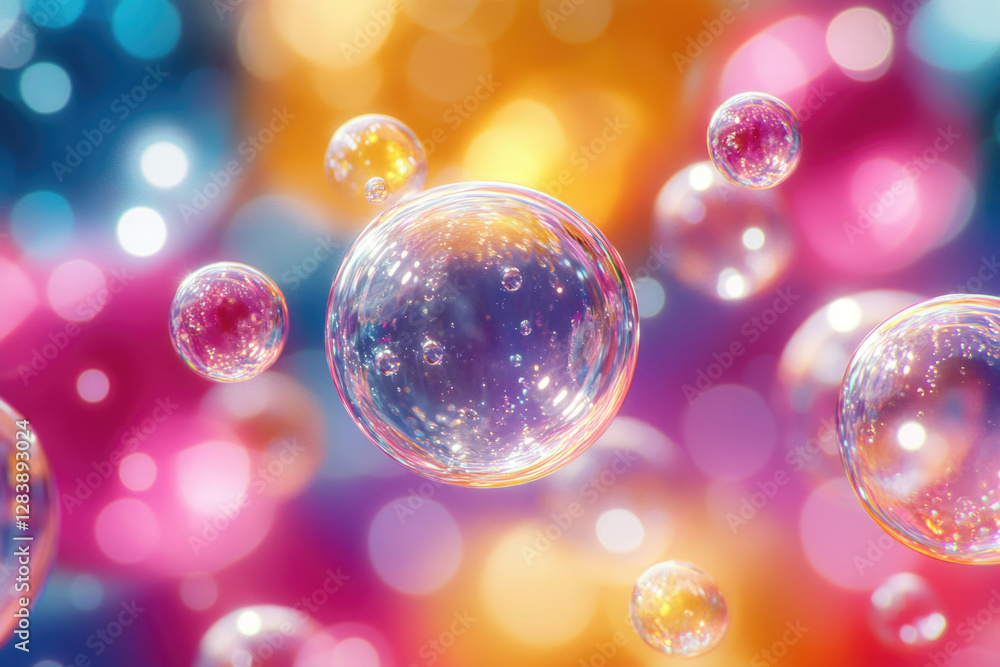 Poster Colorful iridescent bubbles float against a vibrant bokeh background, creating a dreamy, magical scene.