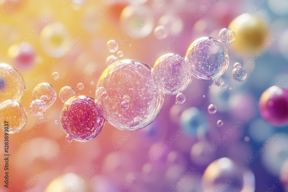 Poster a chain of iridescent bubbles floats in a dreamy, pastel-colored background, creating a visually cap