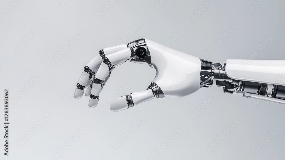 Poster a sleek, robotic hand reaching forward, showcasing advanced technology and design in robotics and ar