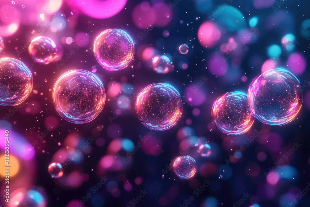 Poster glowing orbs float in a dark space, illuminated by vibrant pink and blue neon lights.