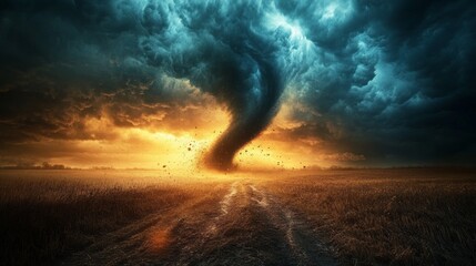 A powerful tornado cloud twists and churns menacingly in the sky, contrasting against a vibrant sunset. Dust and debris rise from a desolate field, amplifying the storm's intensity
