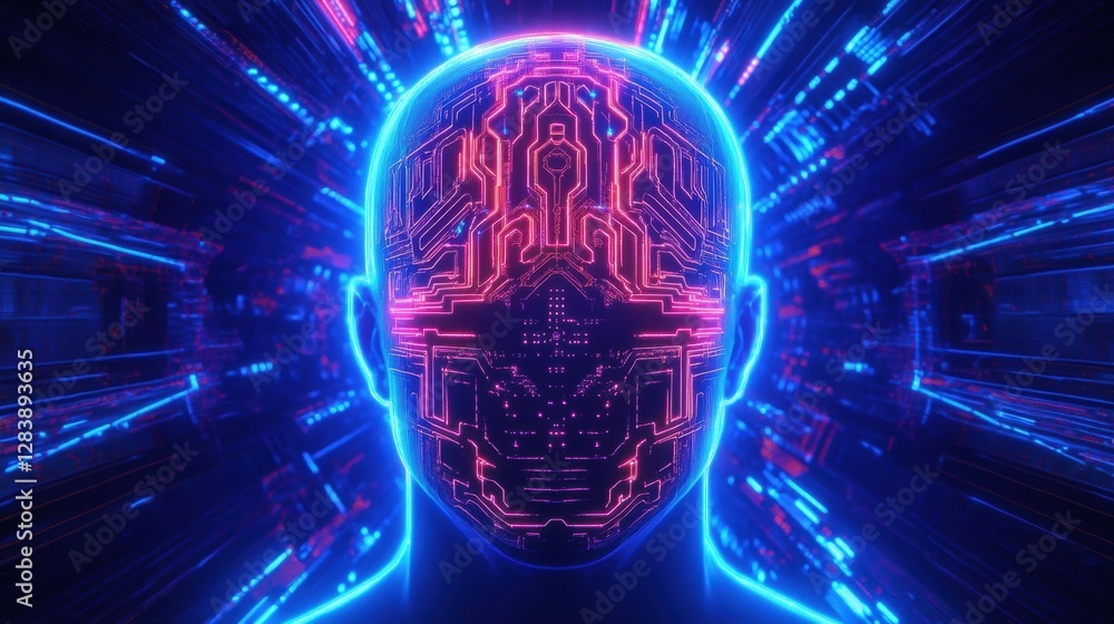 Aufkleber Futuristic design of a human head silhouette with vibrant neon circuit patterns representing advanced technology and AI. Generative AI