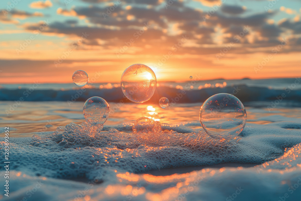 Poster sunset beach scene with several soap bubbles floating on the ocean waves.