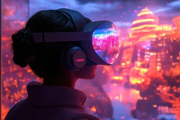 Woman in VR headset views futuristic city nightscape