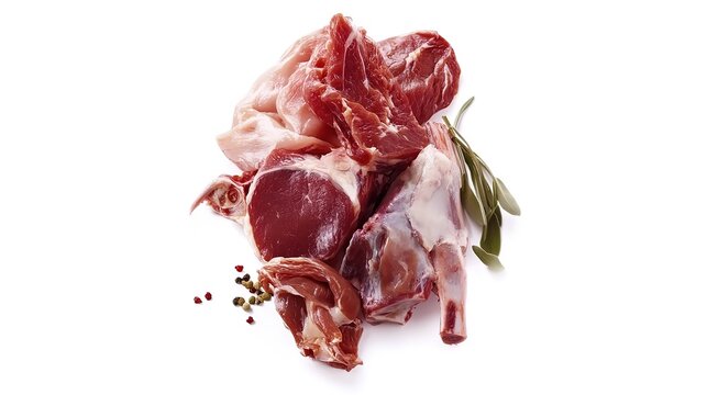 Meat pieces of various sizes on a white background, top view, photography. 