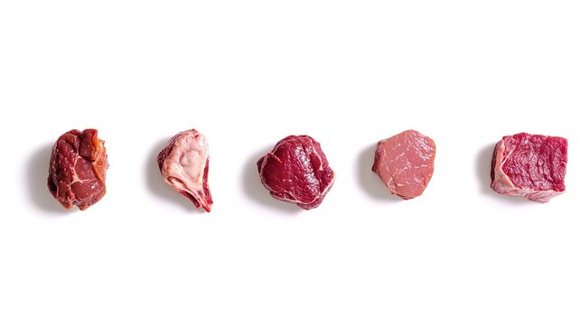  Meat pieces of various sizes on a white background, top view, photography. 