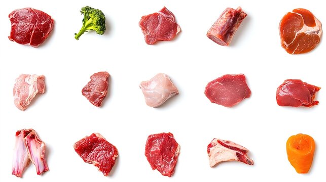  Meat pieces of various sizes on a white background, top view, photography. 