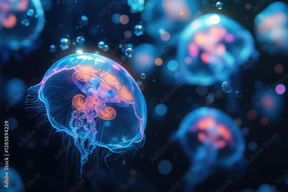 Poster bio-luminescent jellyfish gracefully swim in the deep ocean, surrounded by shimmering bubbles.