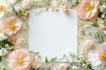 Blank Paper Framed by Peach and White Flowers Elegant Floral Design,