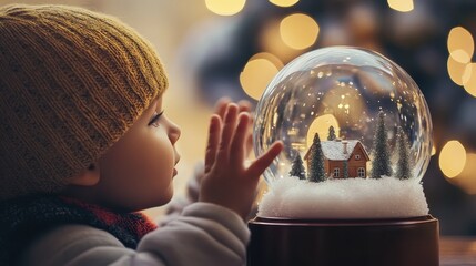 Naklejka premium Emotional Value Concept. A child gazes in wonder at a snow globe featuring a cozy house, surrounded by twinkling lights, capturing the magic of the holiday season.