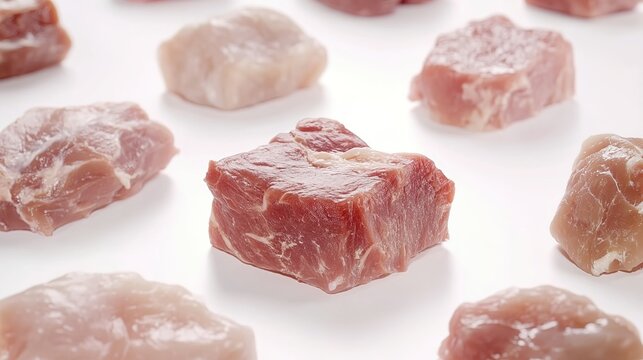  Meat pieces of various sizes on a white background, top view, photography. 