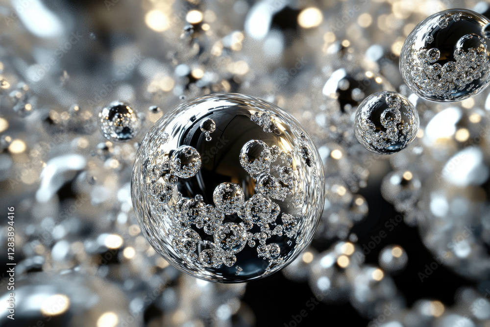 Poster A mesmerizing 3D render of reflective spheres, each containing smaller spheres, creating a captivating depth of field.