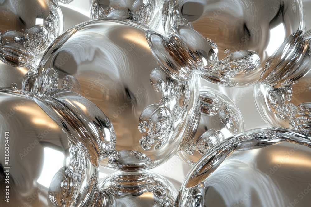 Poster Abstract 3D rendering of lustrous, interconnected metallic spheres, creating a visually captivating and complex interplay of light and reflection.