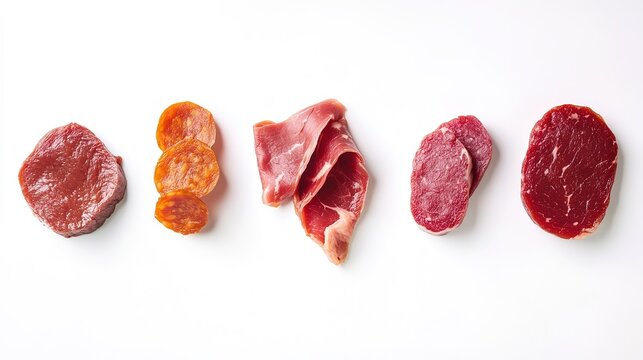 Meat pieces of various sizes on a white background, top view, photography. 