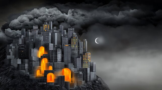 Futuristic cityscape at night with glowing arches, surrounded by dark clouds and a crescent moon
