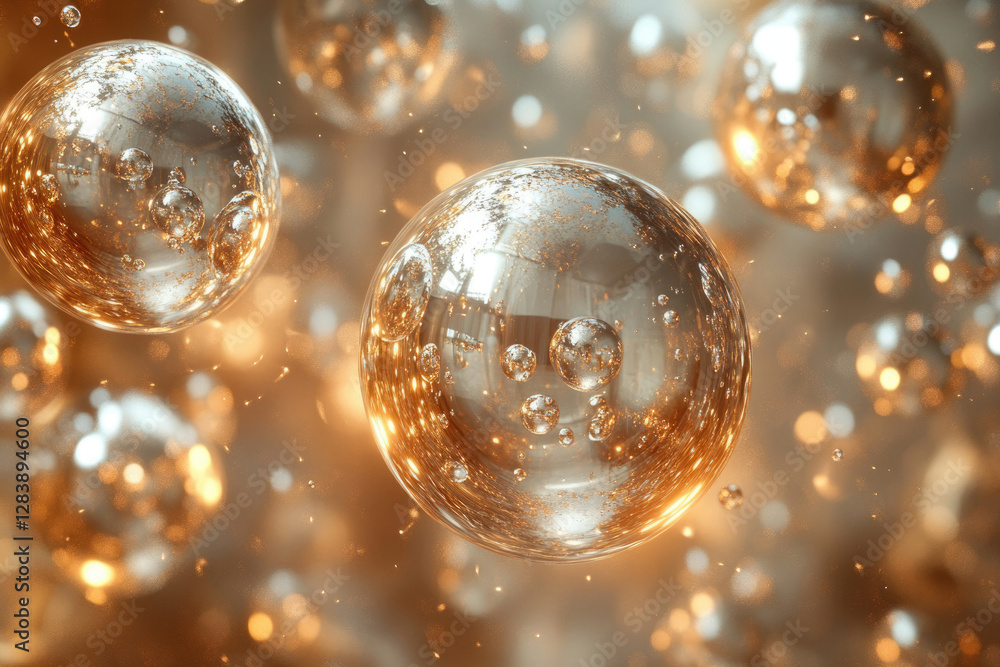 Poster Golden spheres with internal bubbles float in a bokeh background, creating a luxurious and elegant visual.