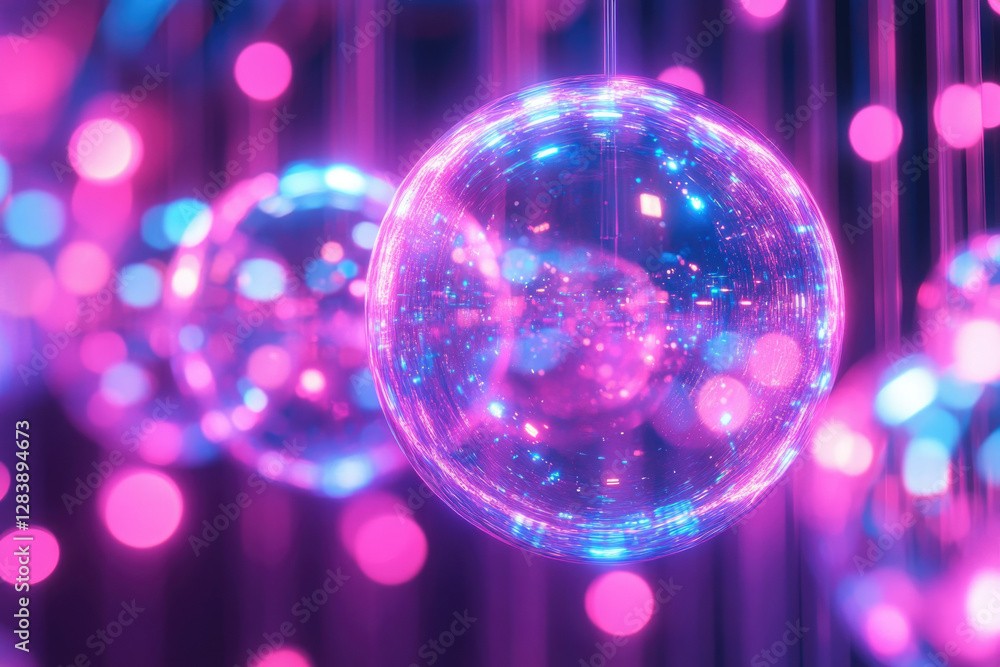 Poster glowing disco balls in vibrant pink and blue hues, creating a mesmerizing and enchanting atmosphere.