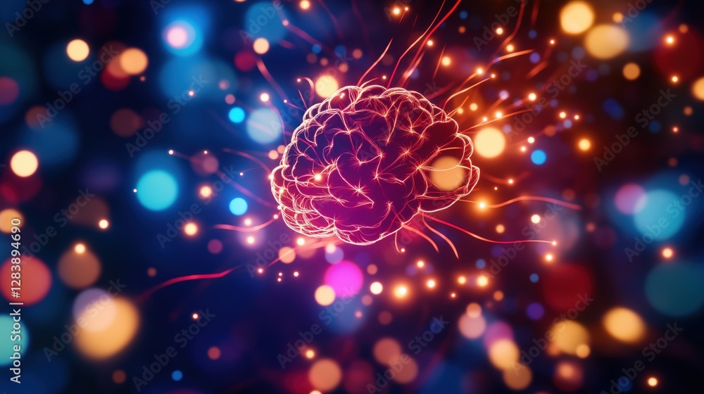 Poster abstract network of glowing brain neurons in vivid colorful background
