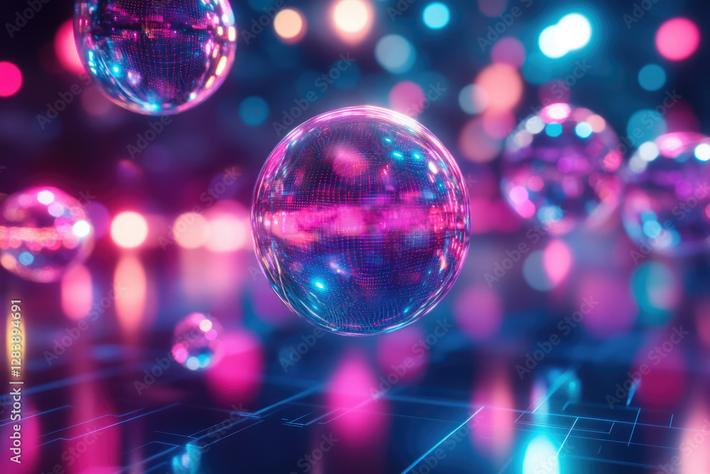 Poster neon spheres reflecting data streams in a vibrant, futuristic setting.