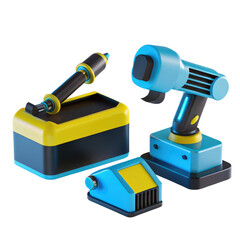 Engineering tool, A collection of colorful power tools on white isolate background.
