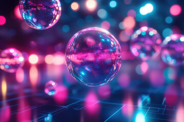 Neon spheres reflecting data streams in a vibrant, futuristic setting.