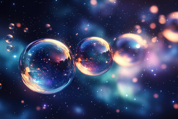 Cosmic bubbles float in a nebula, reflecting starlight and galaxies within their iridescent surfaces.