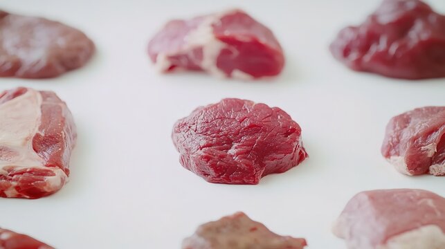  Meat pieces of various sizes on a white background, top view, photography. 