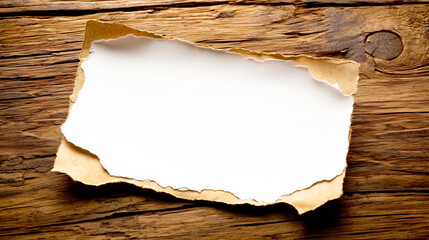 Blank torn paper with aged edges on rustic wooden surface symbolizing message communication and storytelling with space for text in a vintage natural setting with warm tones and textured details.