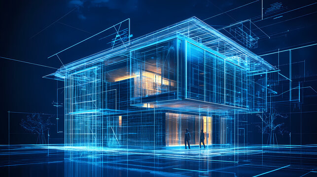 Digital construction building information modeling bim concept with 3d model and blueprints. Nightmarish Shapeshifting Figure. Illustration