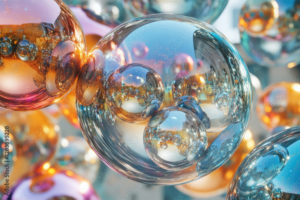 Poster Interconnected iridescent spheres reflecting light and creating a mesmerizing abstract pattern.