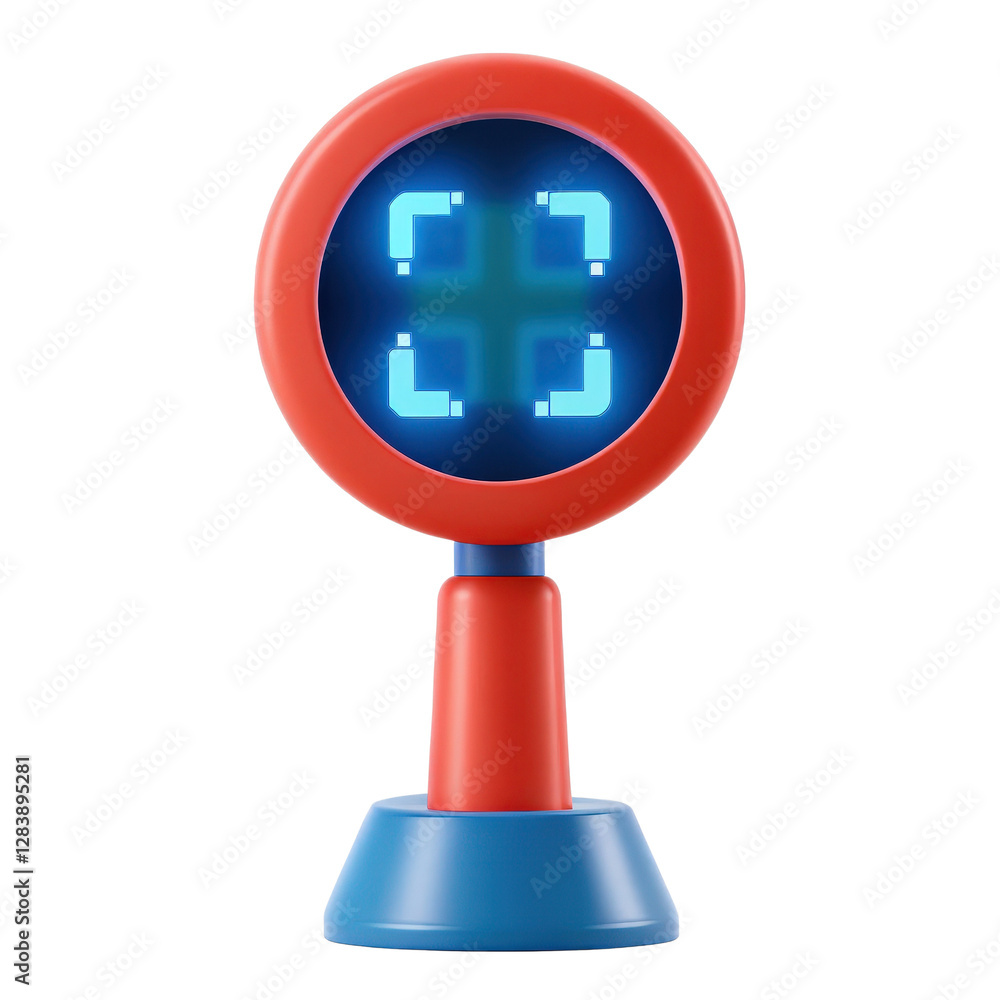 Poster Automation factory and AI integration, Circular digital display with blue icons on a red base, isolated on white background.