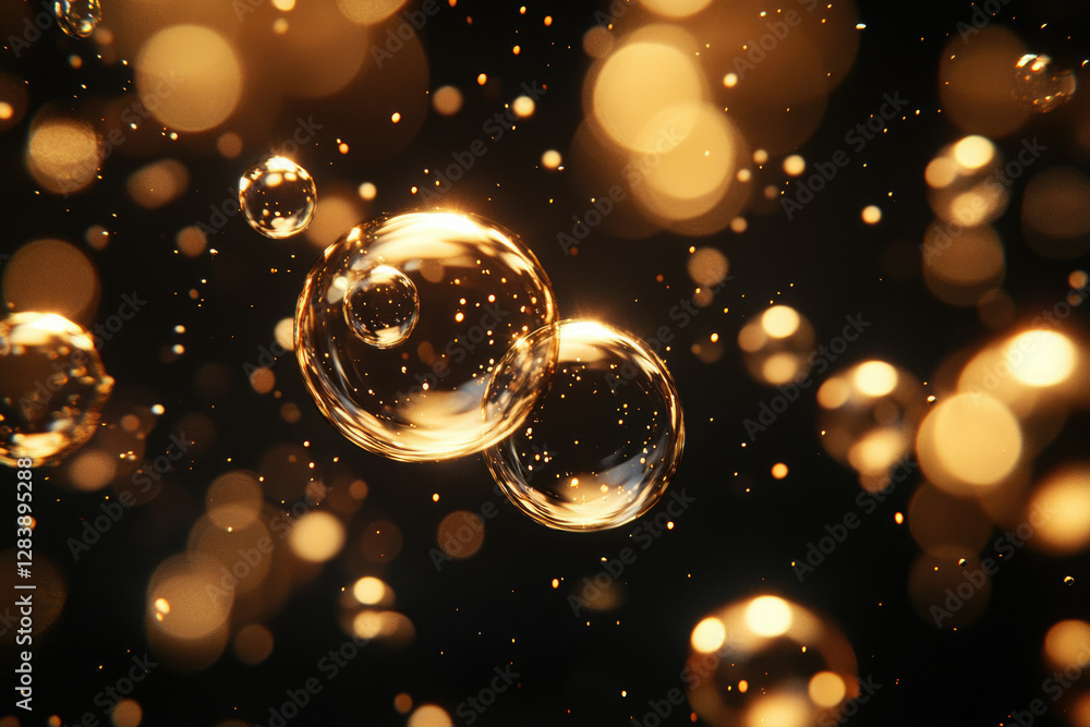 Poster Golden translucent bubbles float in dark space, illuminated by sparkling lights creating a luxurious and ethereal ambiance.