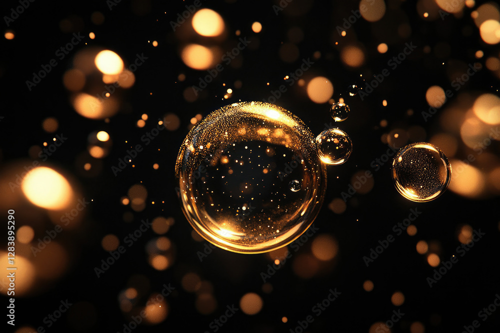 Poster Golden oil bubbles float in a dark background, illuminated by sparkling bokeh lights.