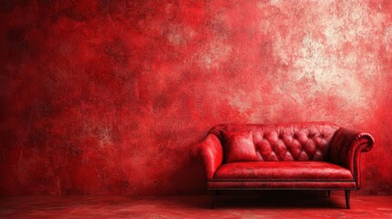 Crimson Red Leather Chesterfield Sofa against a Textured Wall