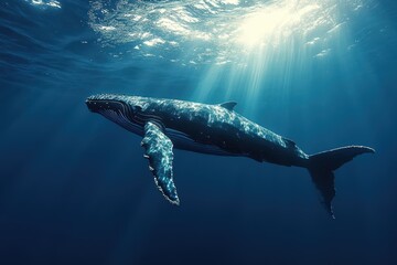 Fototapeta premium Majestic Humpback Whale Underwater Sunlight Ocean Deep Blue