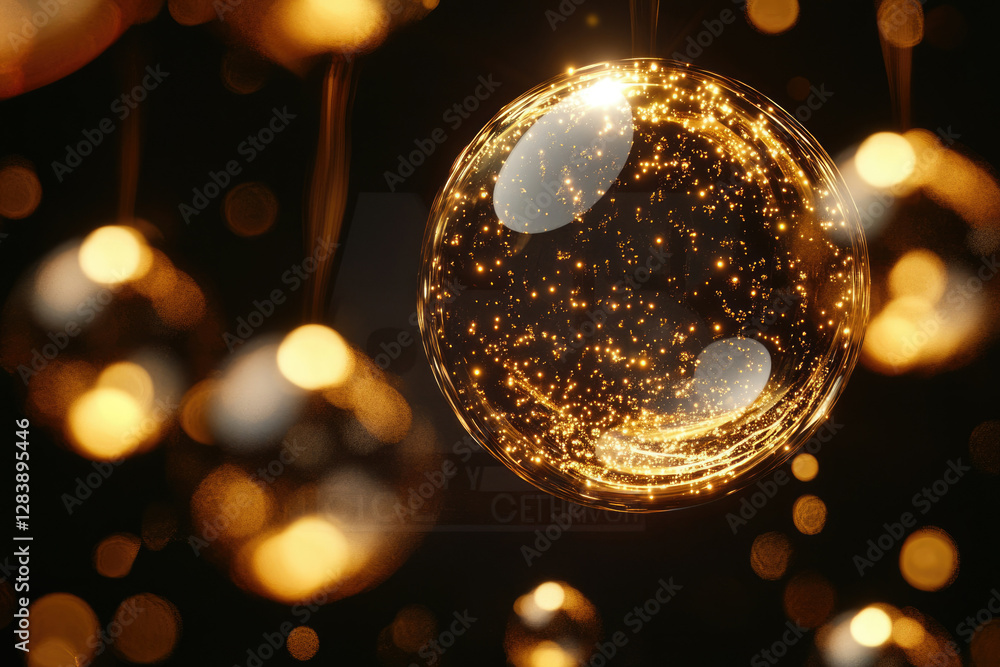 Poster A mesmerizing golden sphere filled with sparkling lights, creating a magical and festive atmosphere.