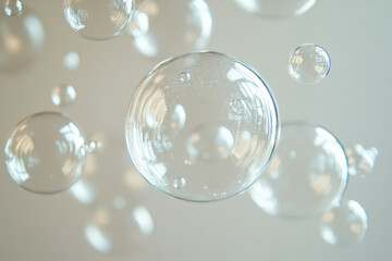 A cluster of translucent bubbles floats in mid-air, shimmering with light reflections.