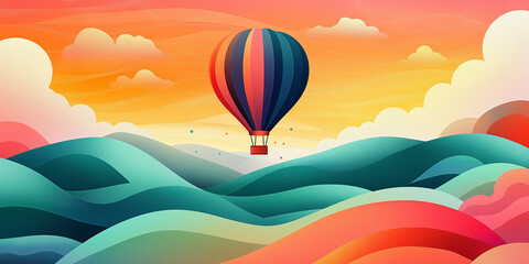 Fototapeta premium Colorful hot air balloon floating over stylized rolling hills with a vibrant sunset sky in a digital illustration
