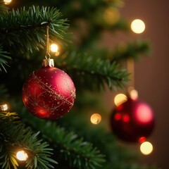 A delicate red and gold ornament hangs from the branch of a decorated Christmas tree adorned with sparkling lights, present, red ornament, christmas tree