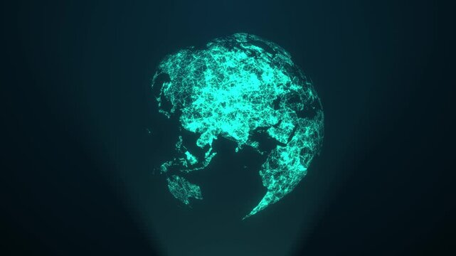 Rotating world globe from particles. HOOD, FUI. Big Data Connection. Digital Hologram of the planets Erth. World map animation. Seamless loop